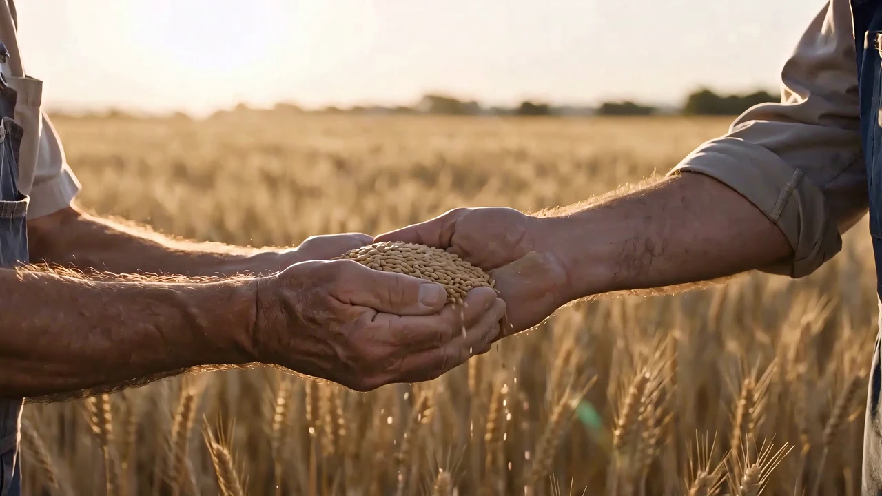 Mani di agricoltore e mugnaio con il grano raccolto nel campo