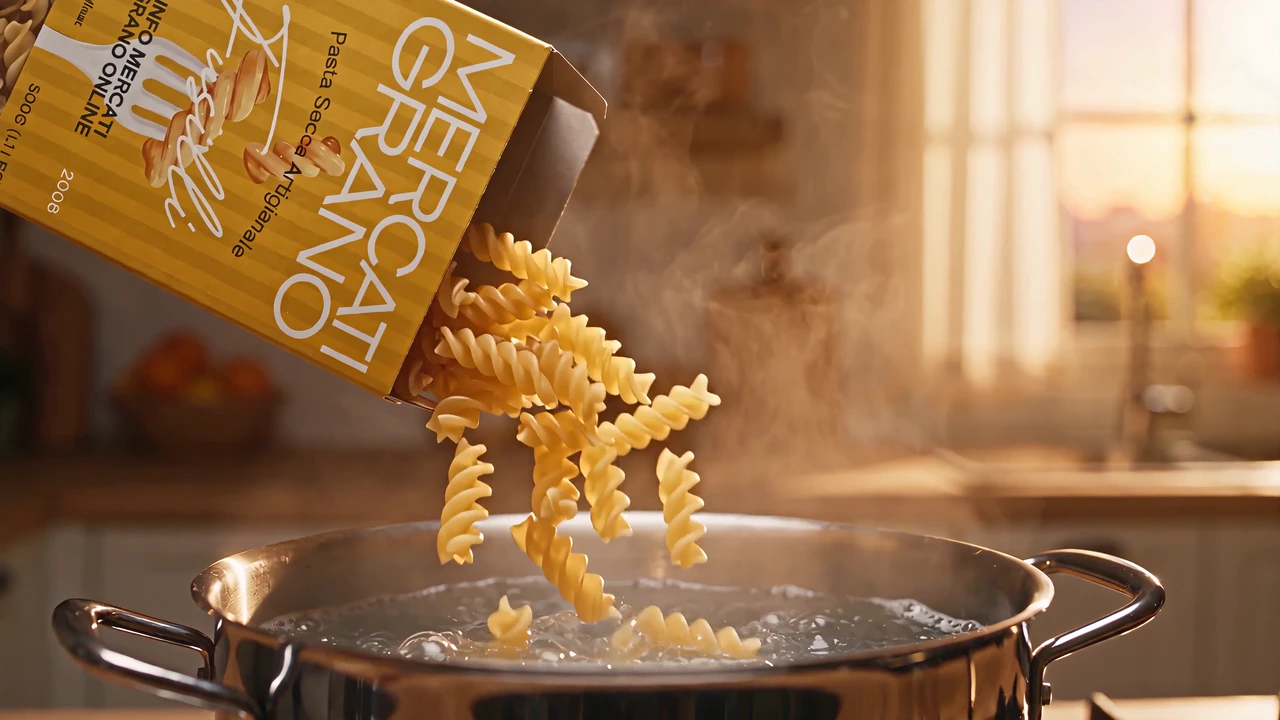 Fusilli che cadono dalla scatola nella pentola