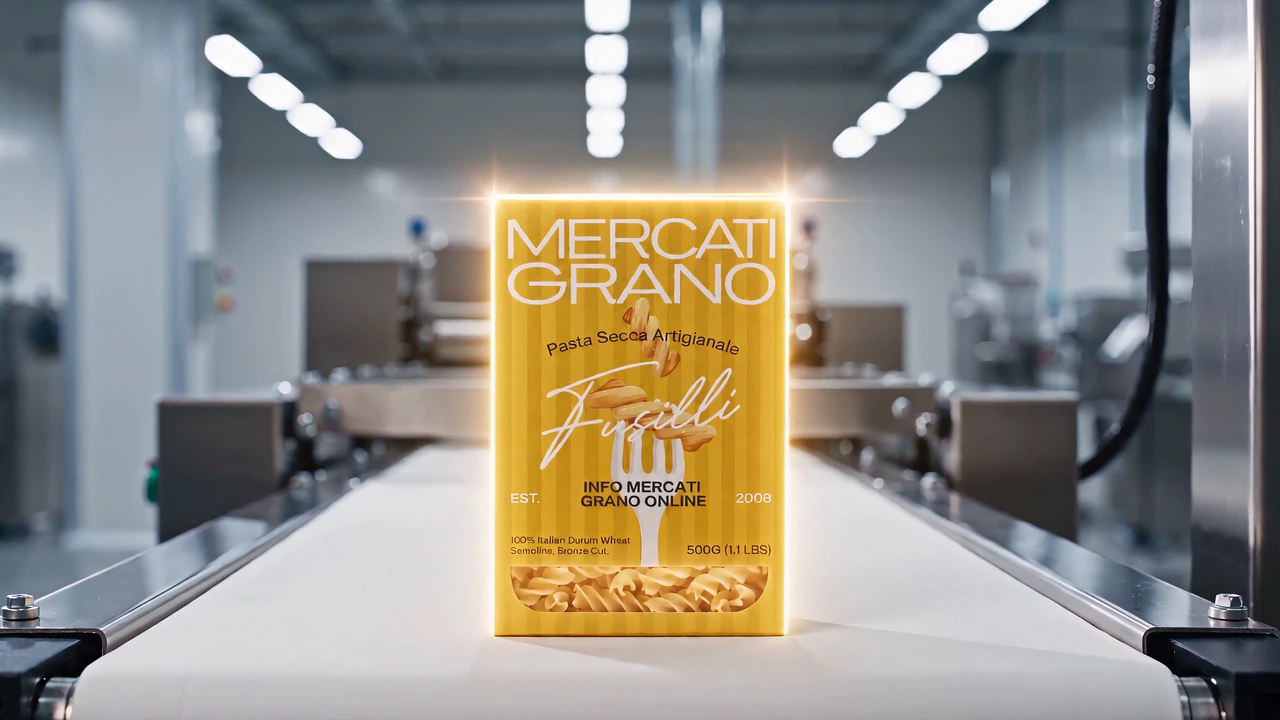 Scatola di fusilli MercatiGrano sulla linea di confezionamento
